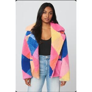 Anthropologie Blank NYC Teddy Sherpa XS Coat Rainbow Patchwork Colorblock Jacket